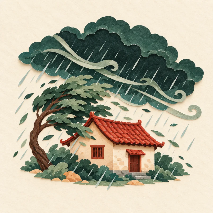 A small house battered by strong wind and rain