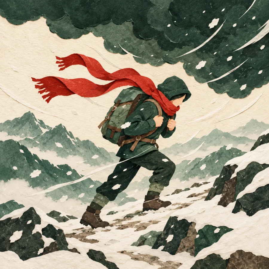 A hiker with a backpack walks into wind and snow