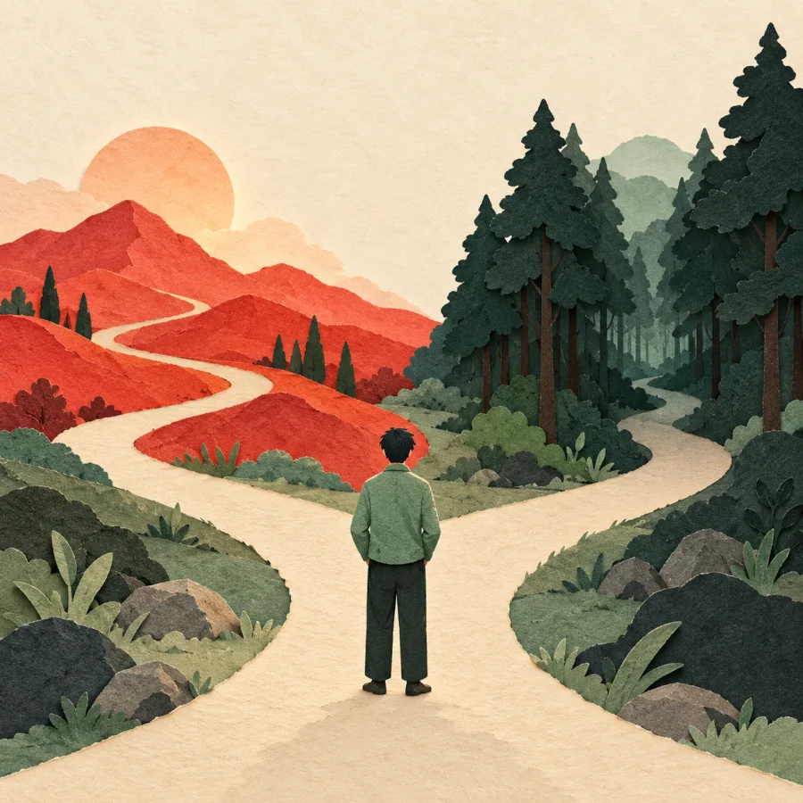 A person at a fork between a red hill and a green forest
