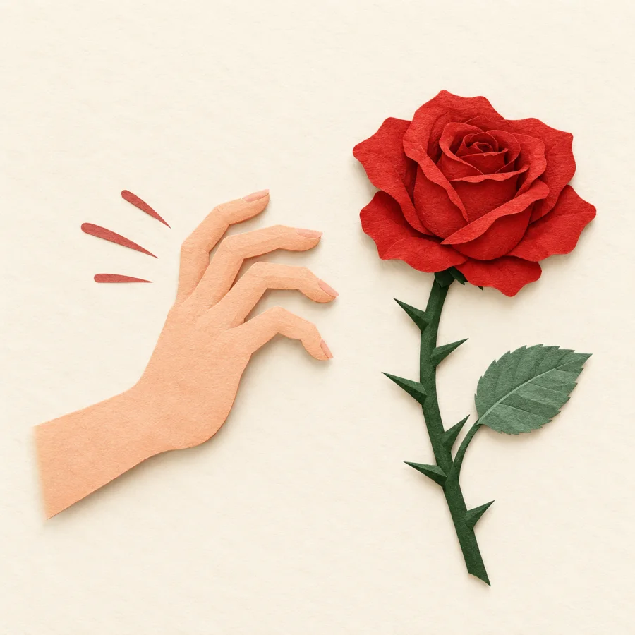 A hand pulls back from a red rose with thorns
