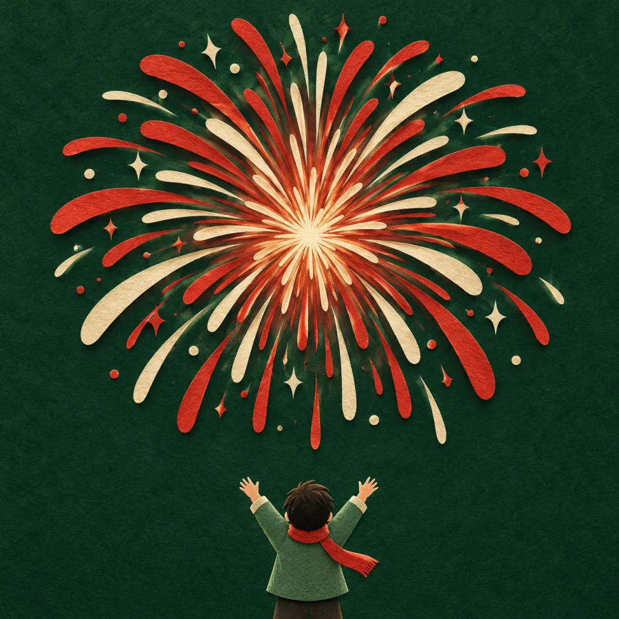 A red and sand firework bursts in the night sky