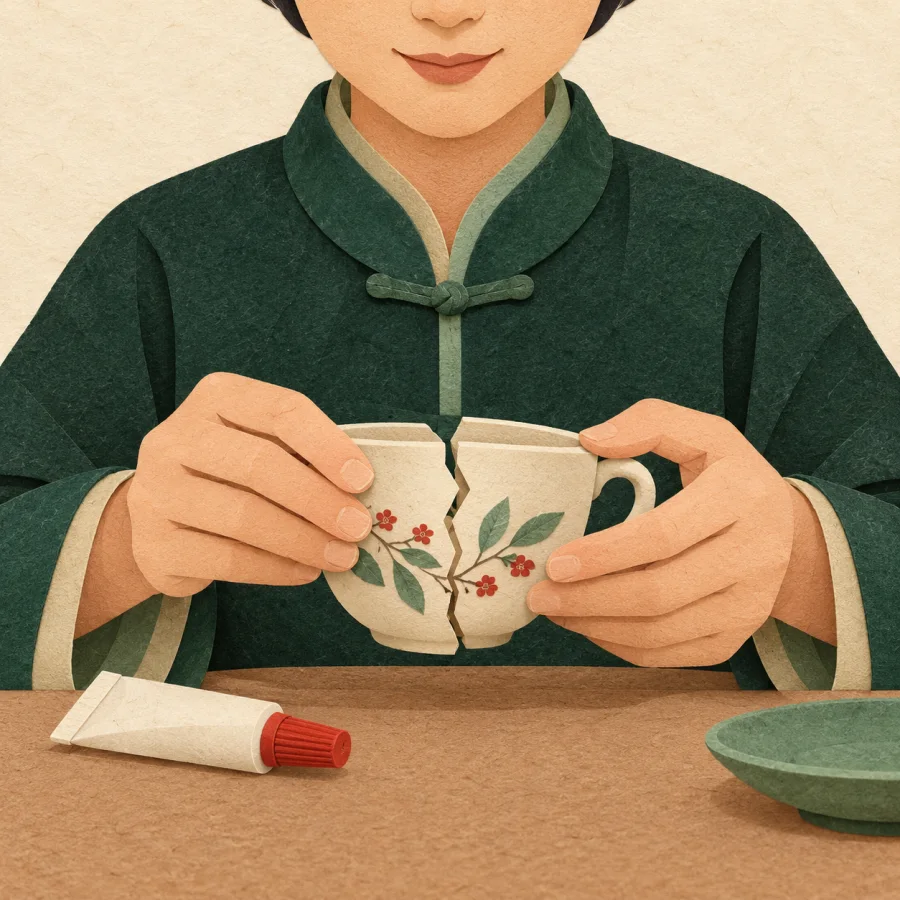 A person glues two halves of a cup together