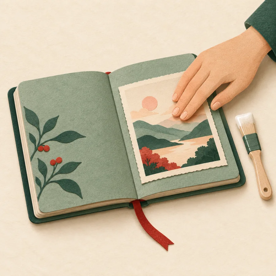 A hand presses a photo onto a notebook page