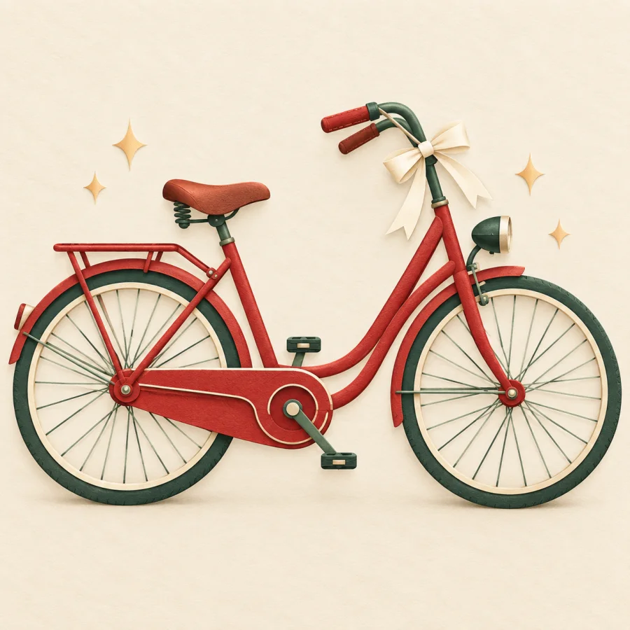 A shiny red bicycle with a bow on the handlebar