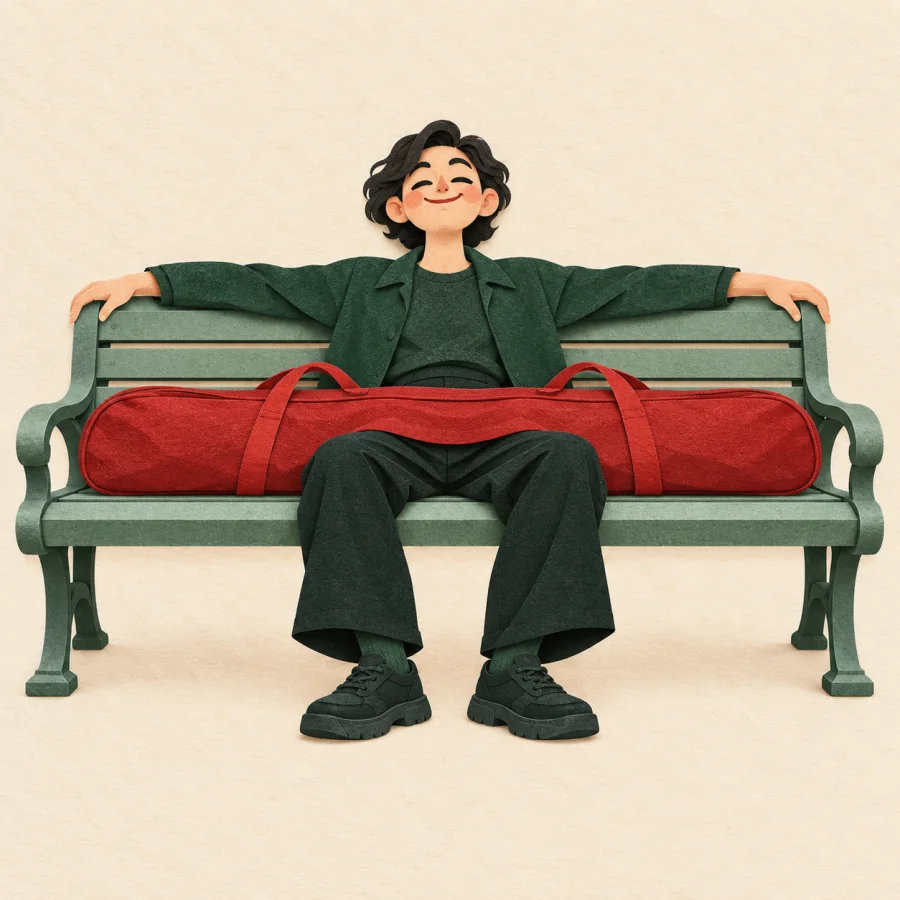 A person spreads out across a whole bench with a bag