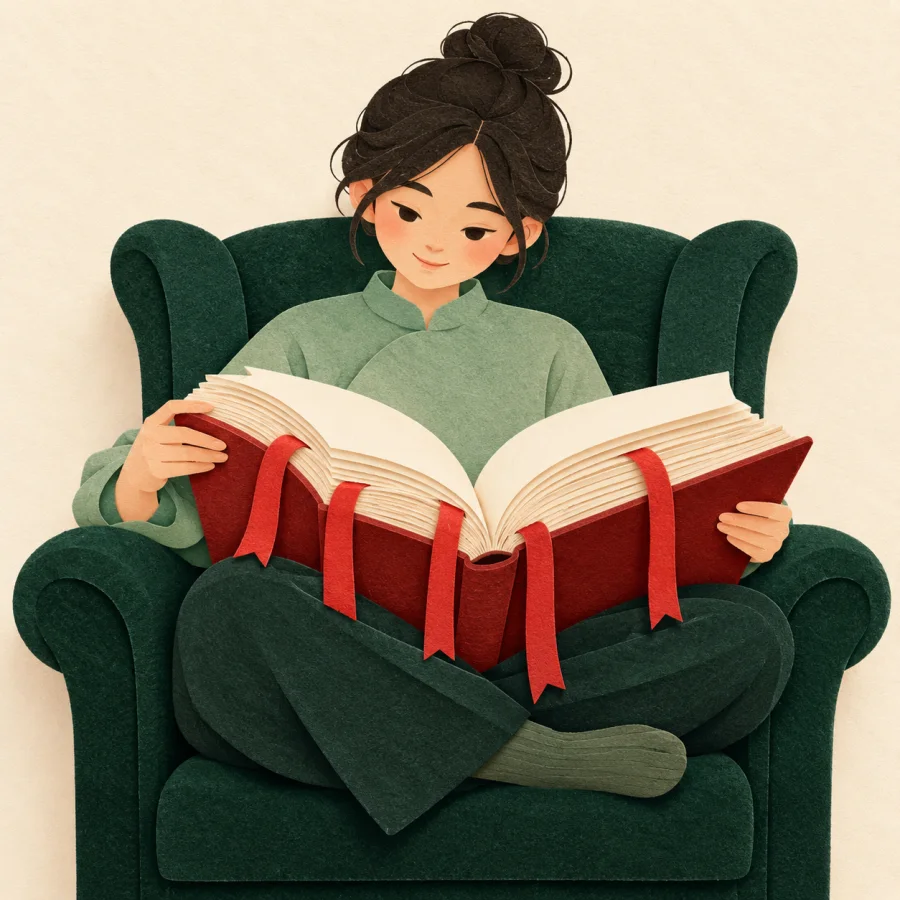 A thick open book with red ribbon bookmarks