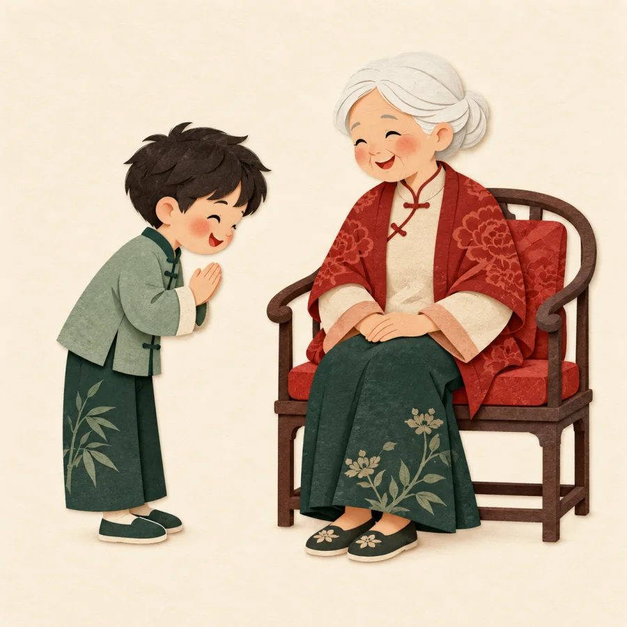 A child bows to a white-haired grandparent in a chair