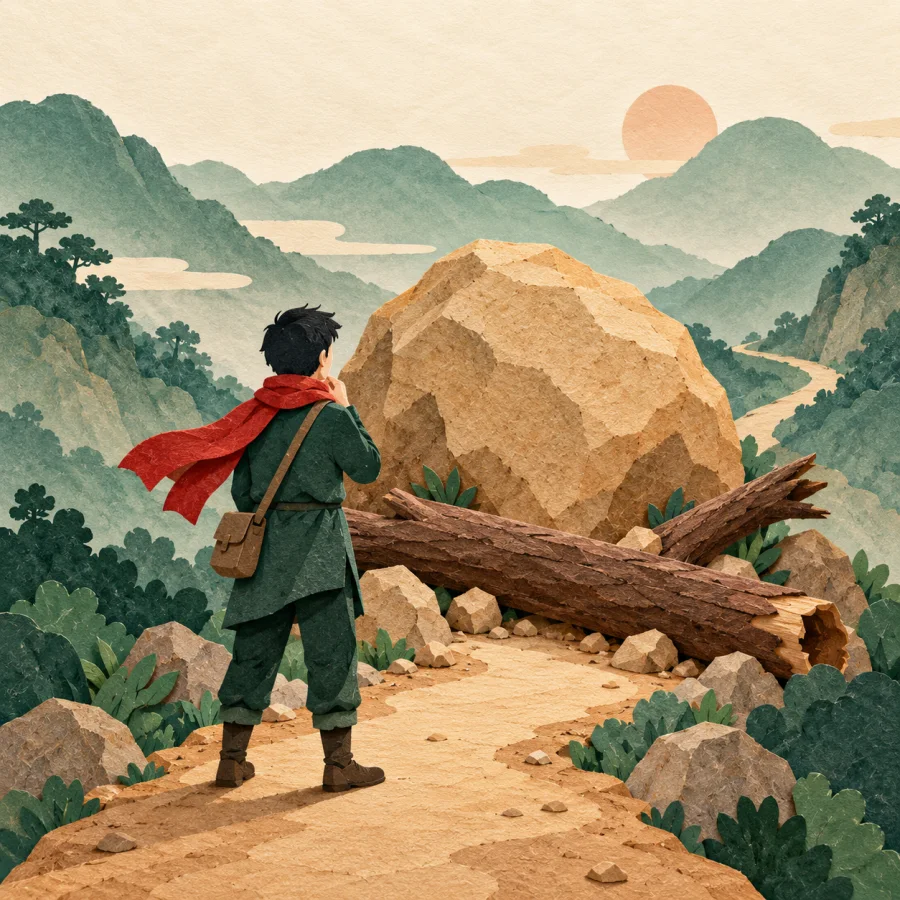 A person faces a boulder and a fallen log on a path