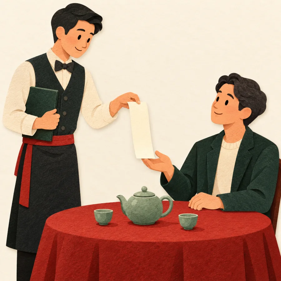 A waiter hands a guest a long paper bill