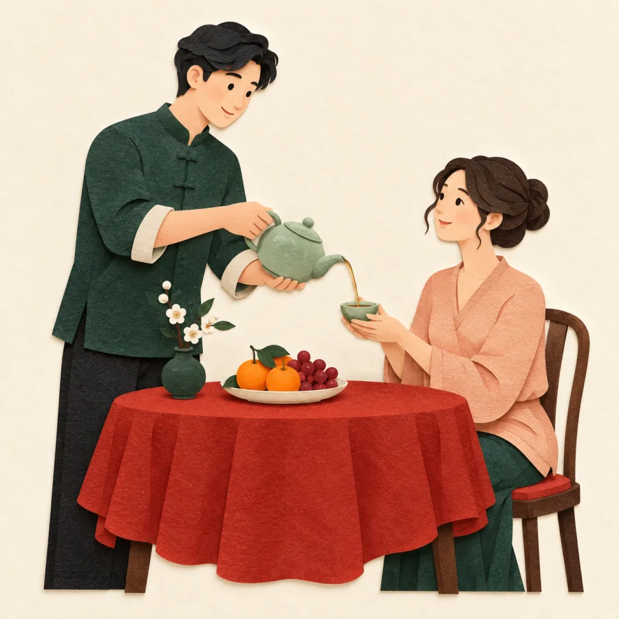 A host pours tea for a guest at a table with fruit