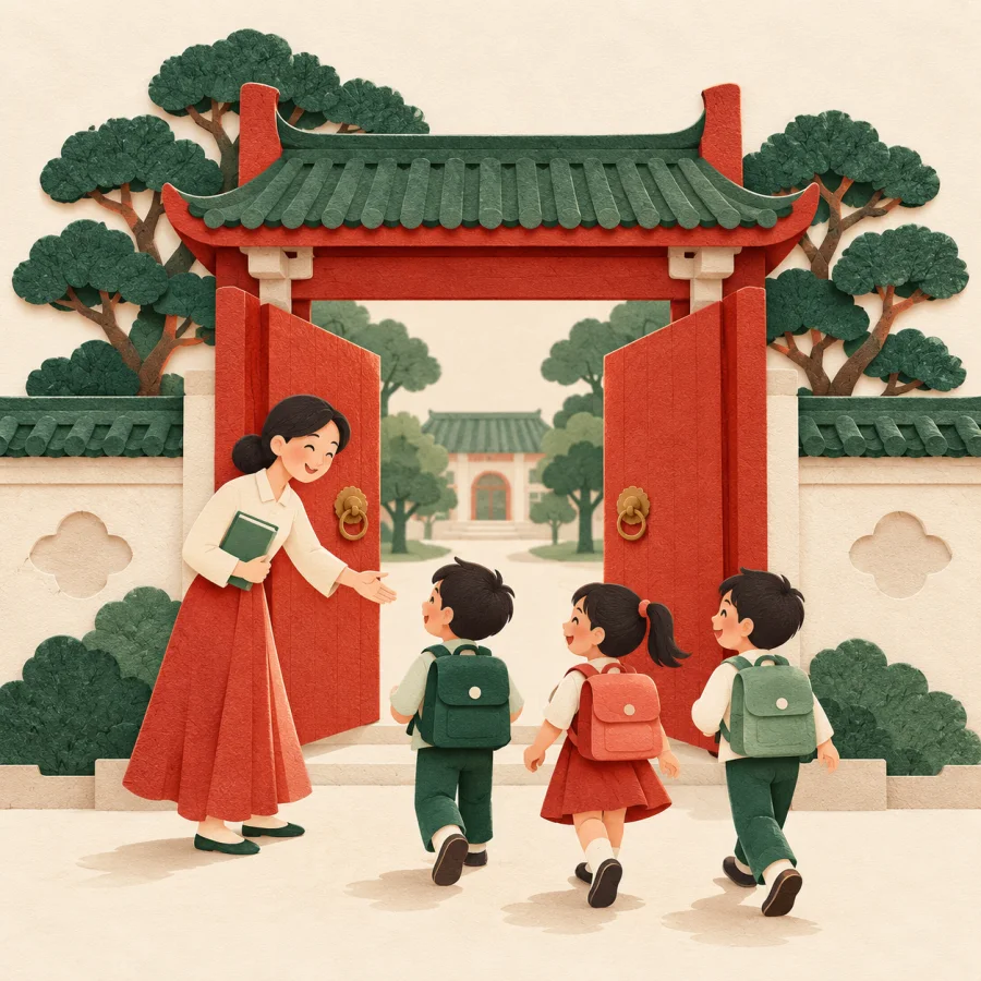 A teacher at a school gate welcomes children with backpacks