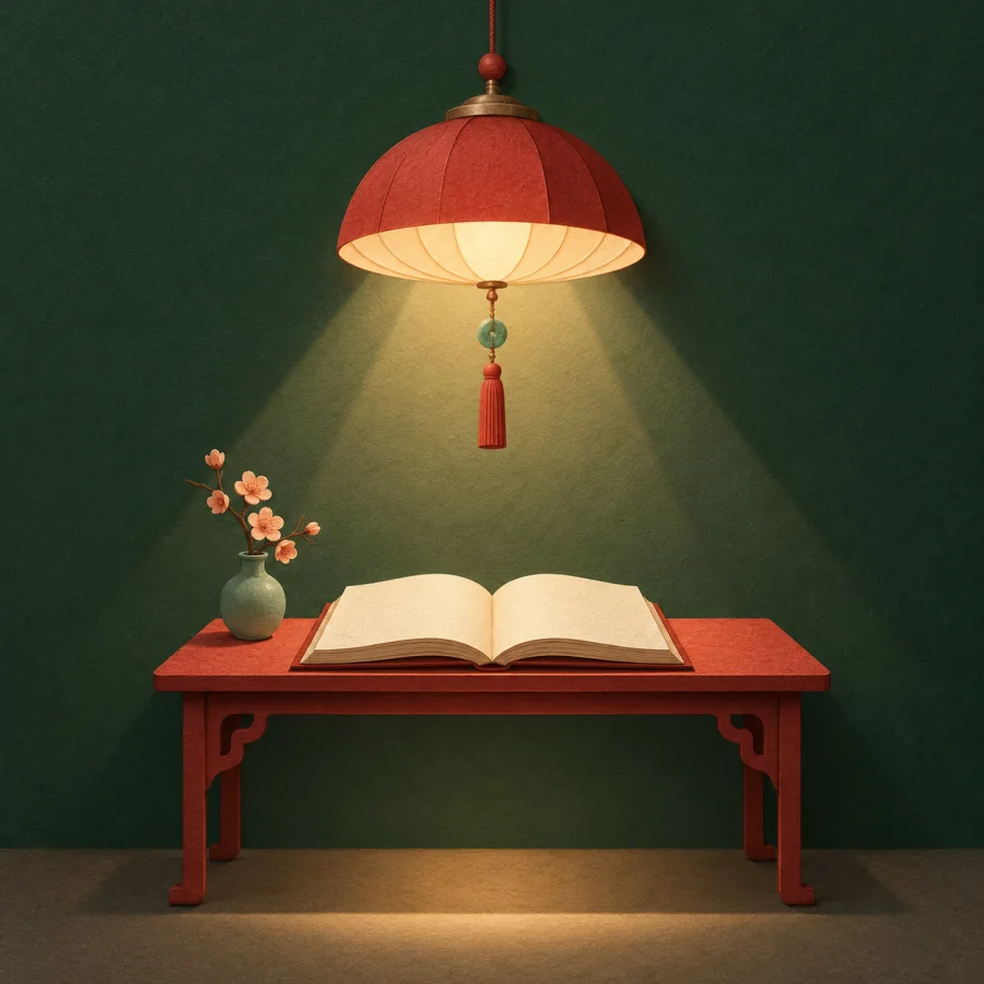 A lamp lights a desk with an open book