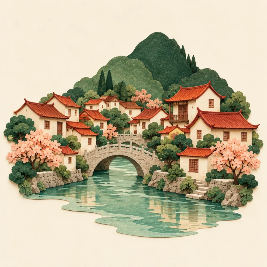 A small town with tiled roofs by a river