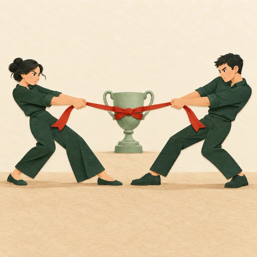 Two people pull on the same prize
