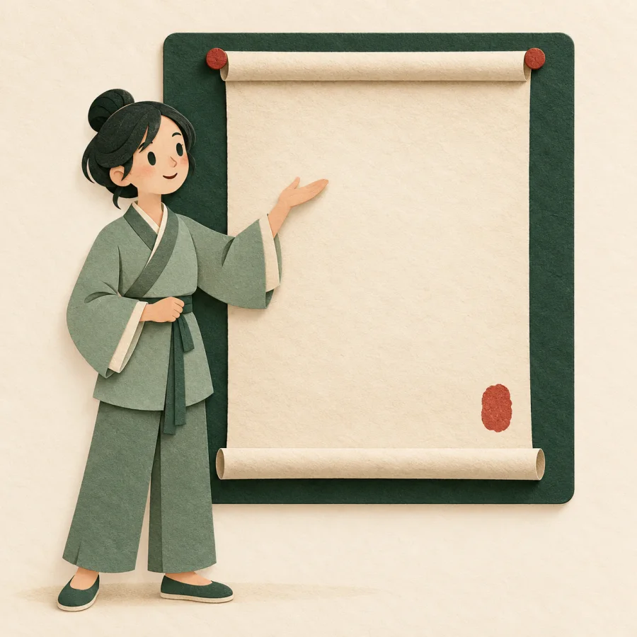A person reads a rule scroll beside a board