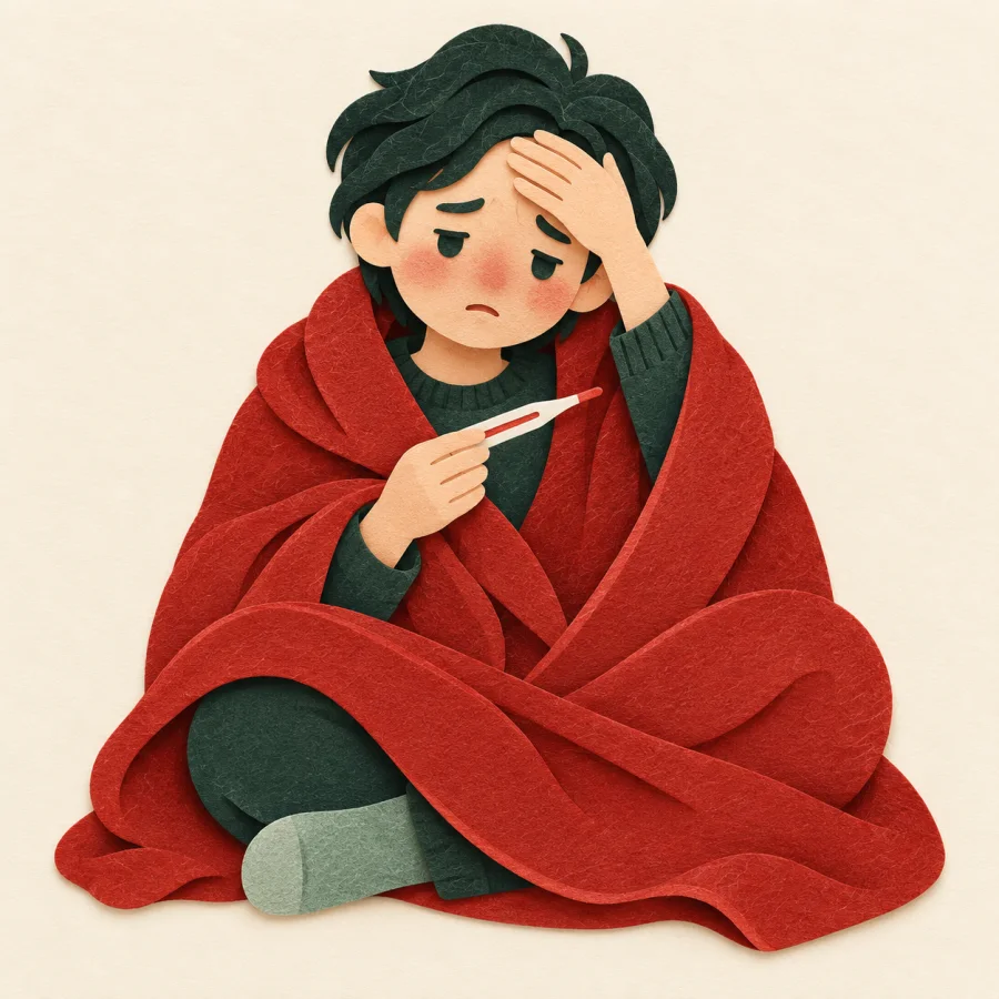 A sick person with a thermometer and a cold pack