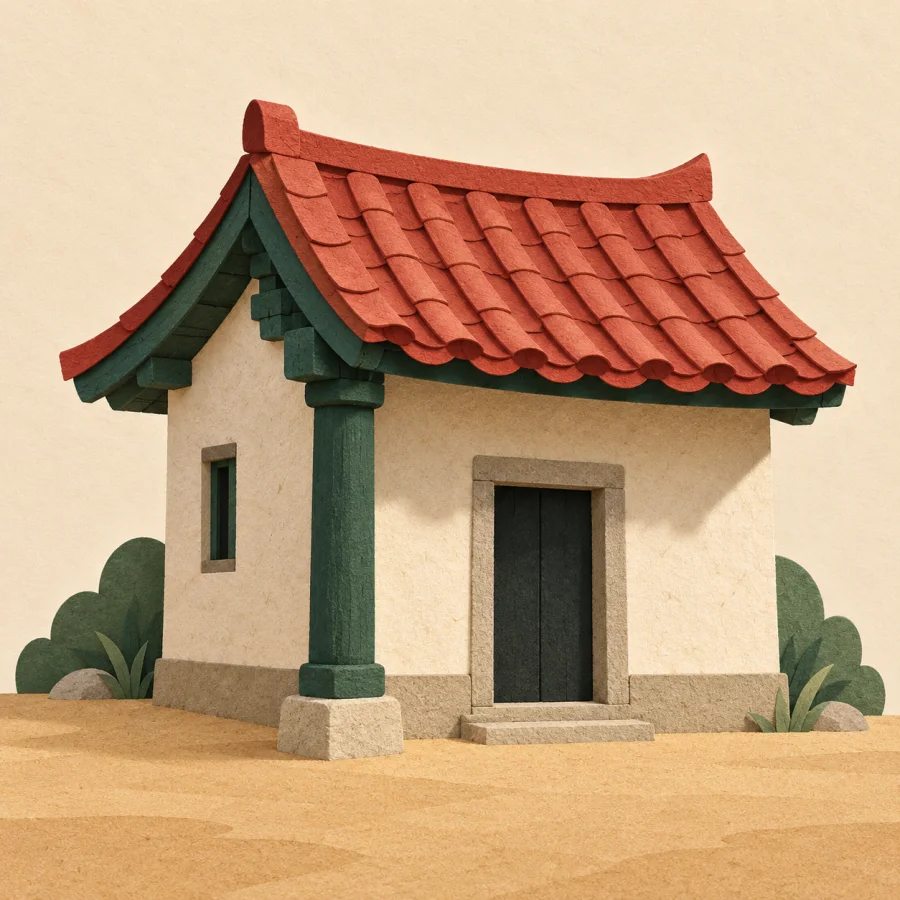 A pillar props up the roof of a small house