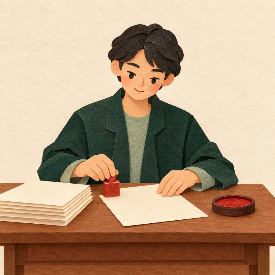 An office worker sits at a desk with papers