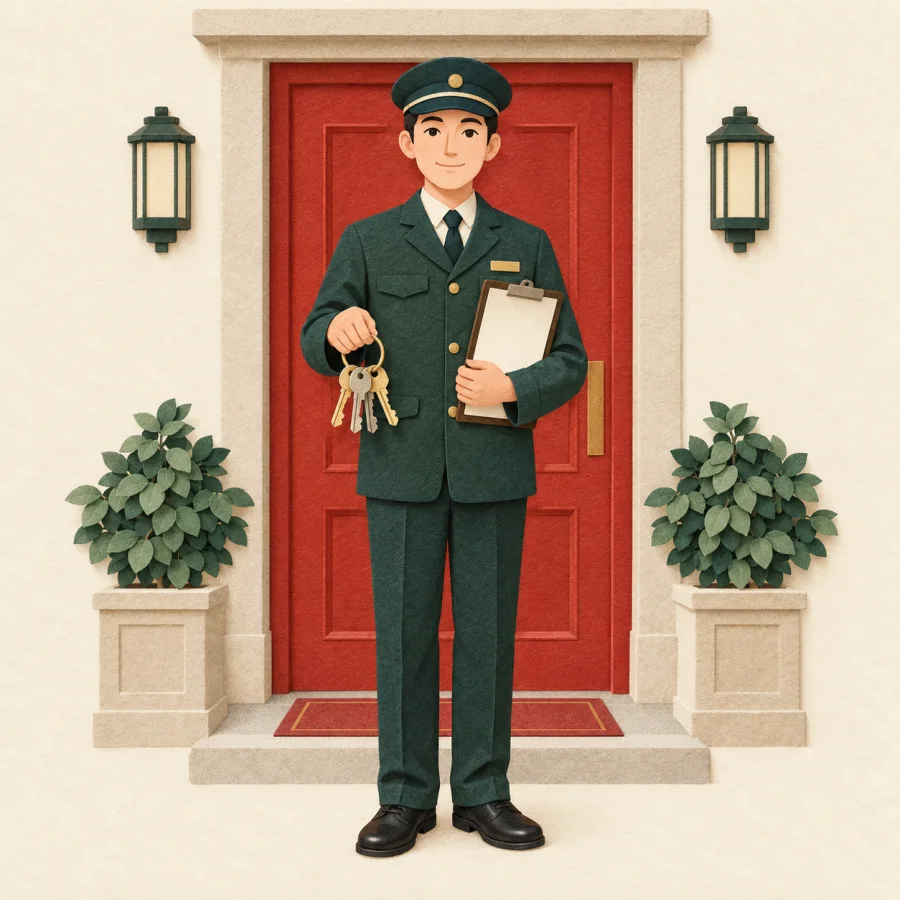 A guard with keys watches over a building entrance