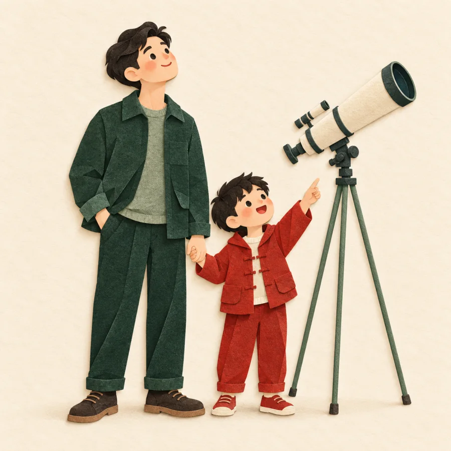 An uncle and a boy look at the stars together