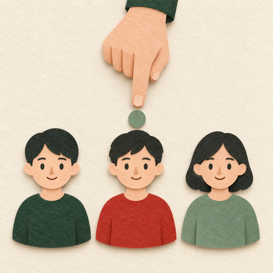 A hand points to one person in a group