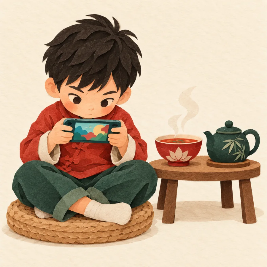 A boy plays a game while his soup goes cold