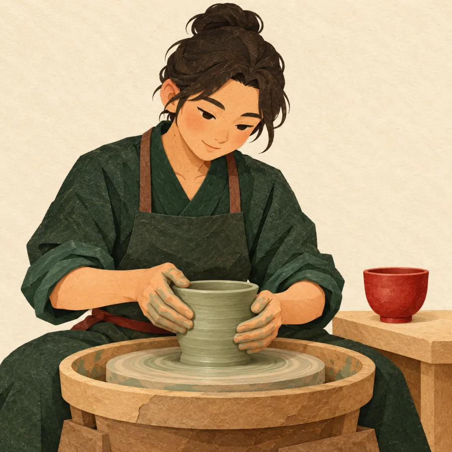 A craftsperson makes cups on a potter’s wheel
