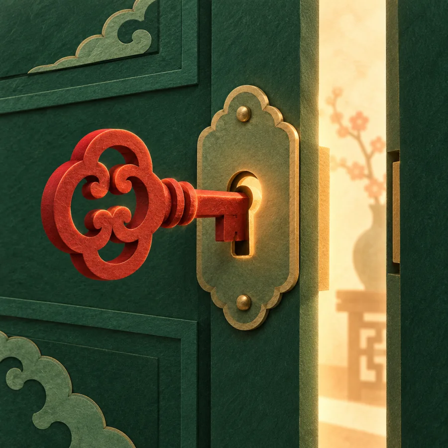 A key fits into the lock of a big door