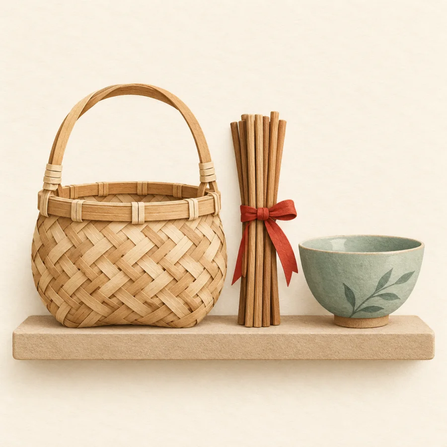 A bamboo basket and chopsticks on a shelf