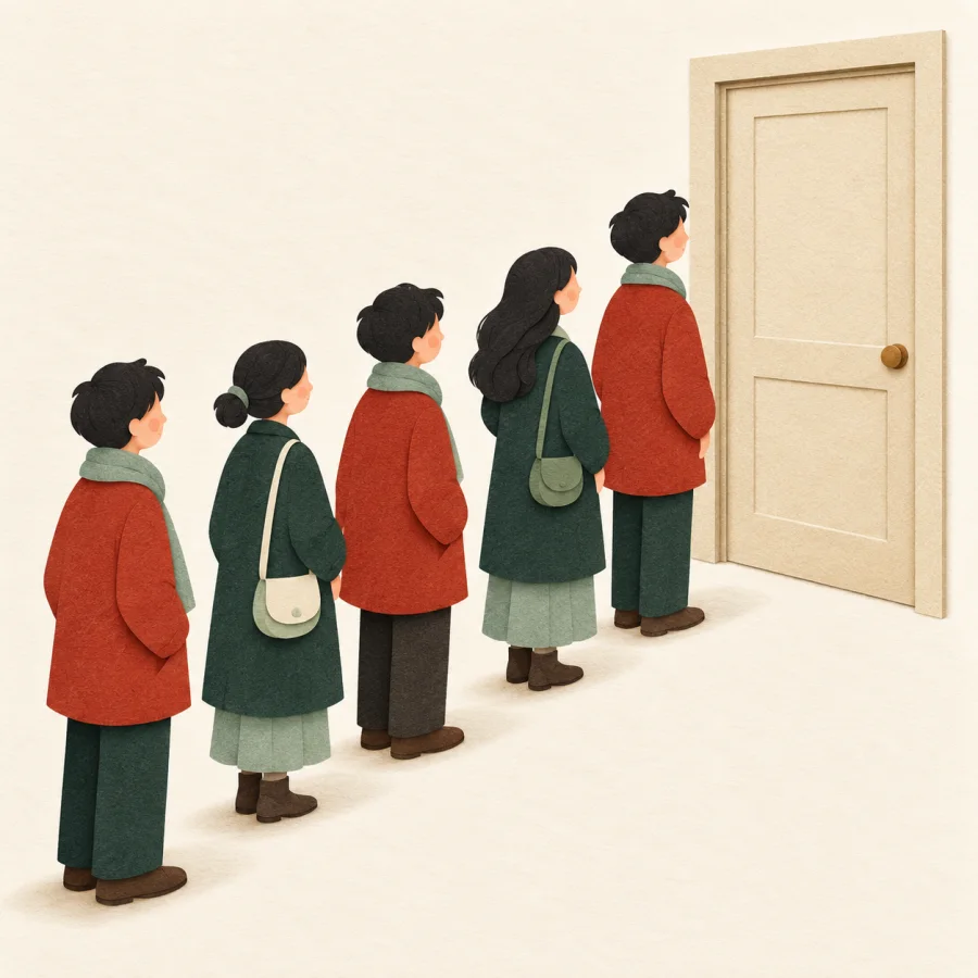 People stand in a neat line at an entrance