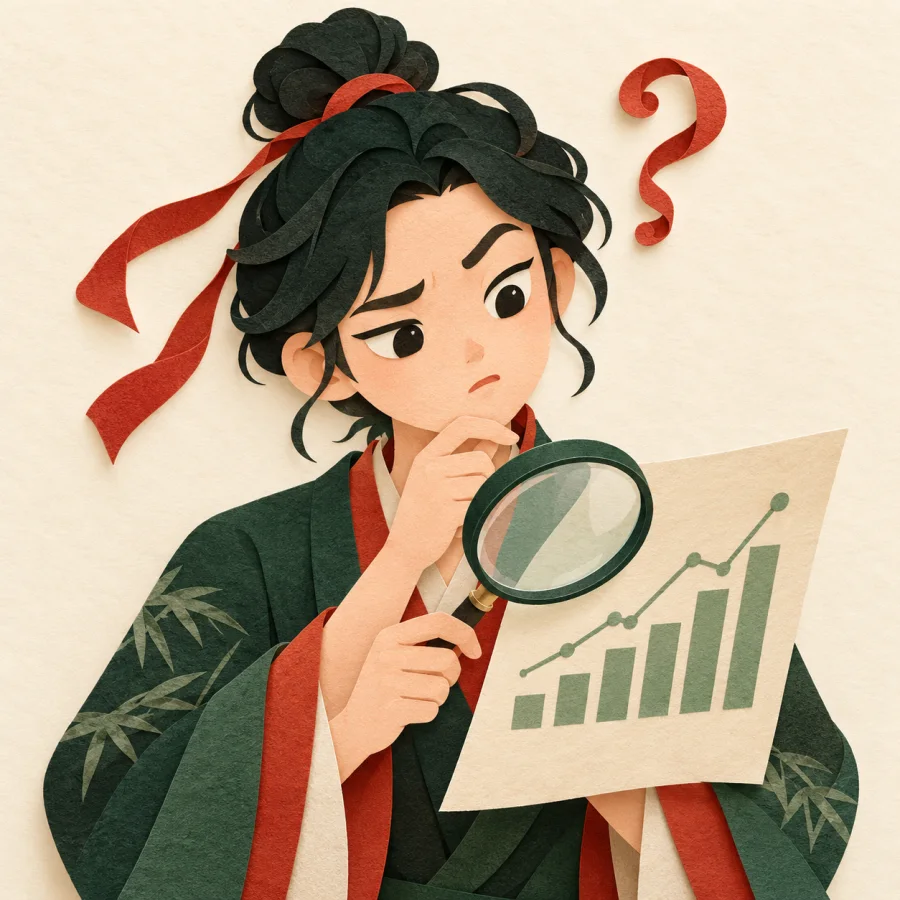 A person studies a sheet of figures with a magnifying glass
