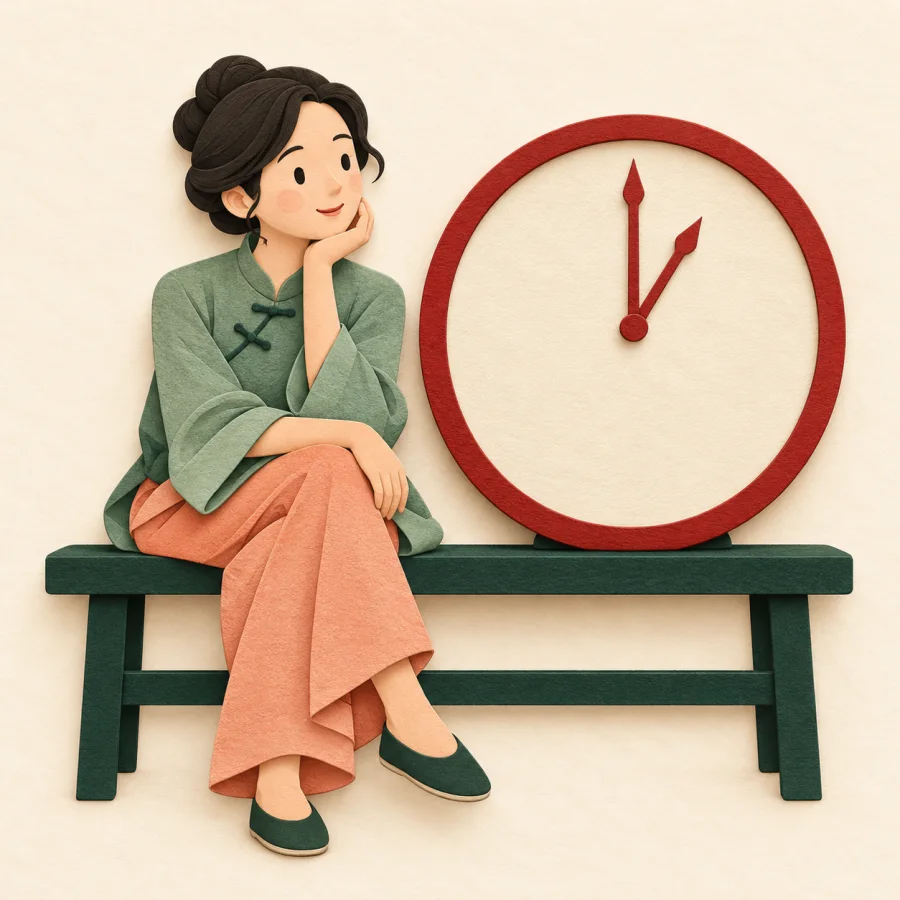 A person waits beside a big clock