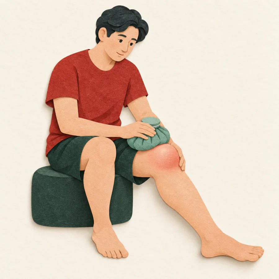 A swollen knee with a cold pack
