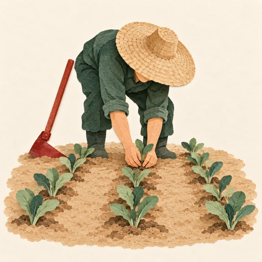 A person plants seedlings in a field