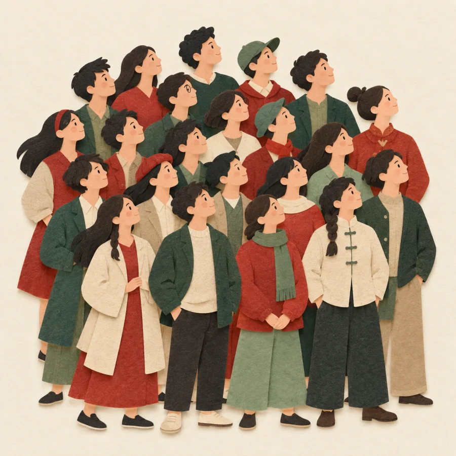 A crowd of people look in the same direction