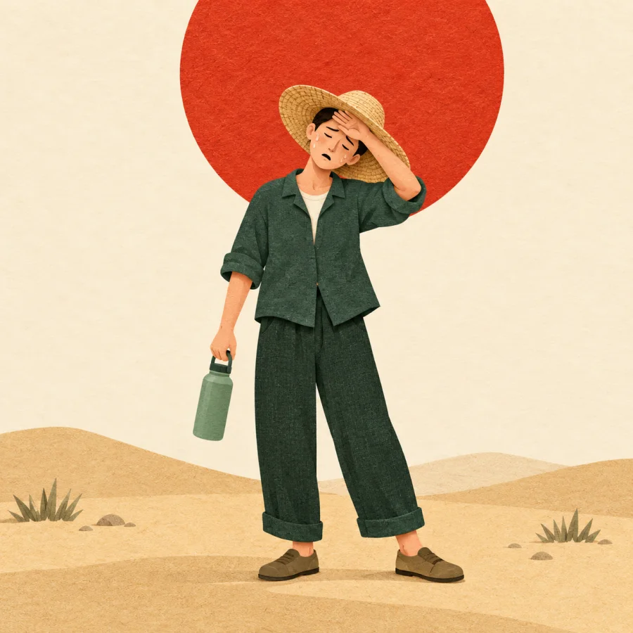 A person under a blazing sun holds their head