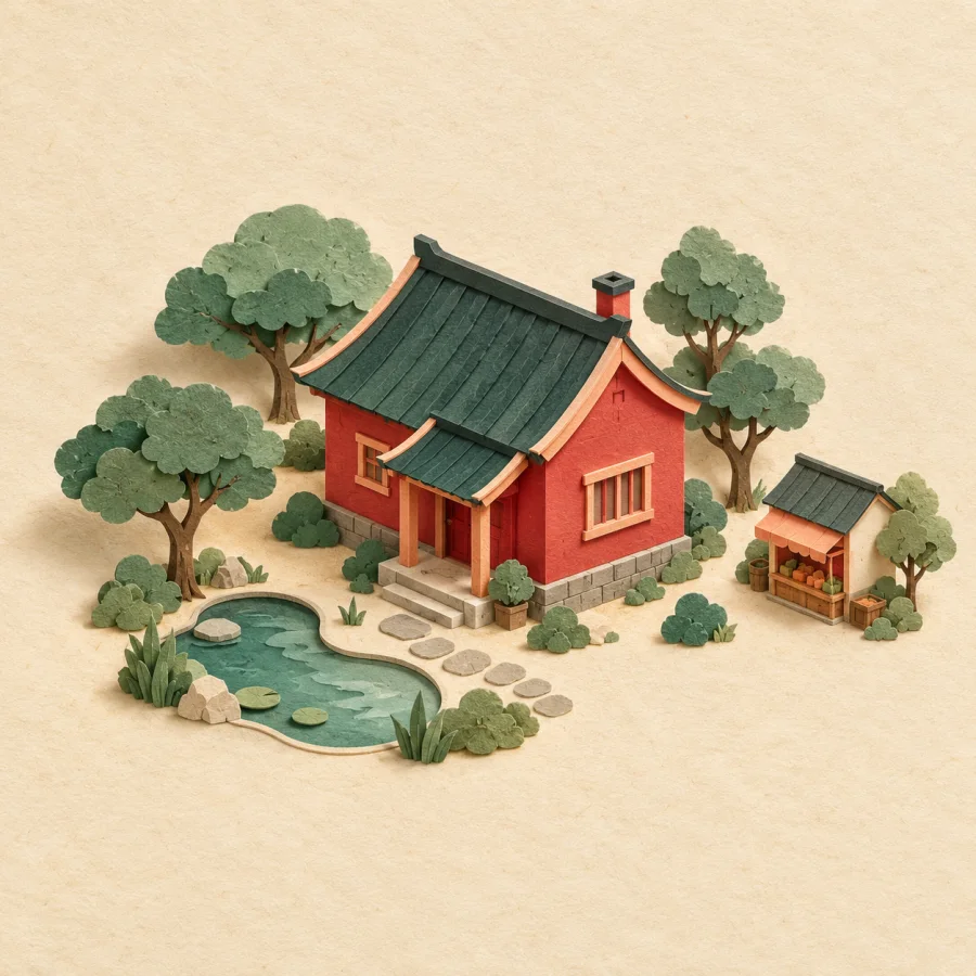 A house in the middle with trees and paths around it