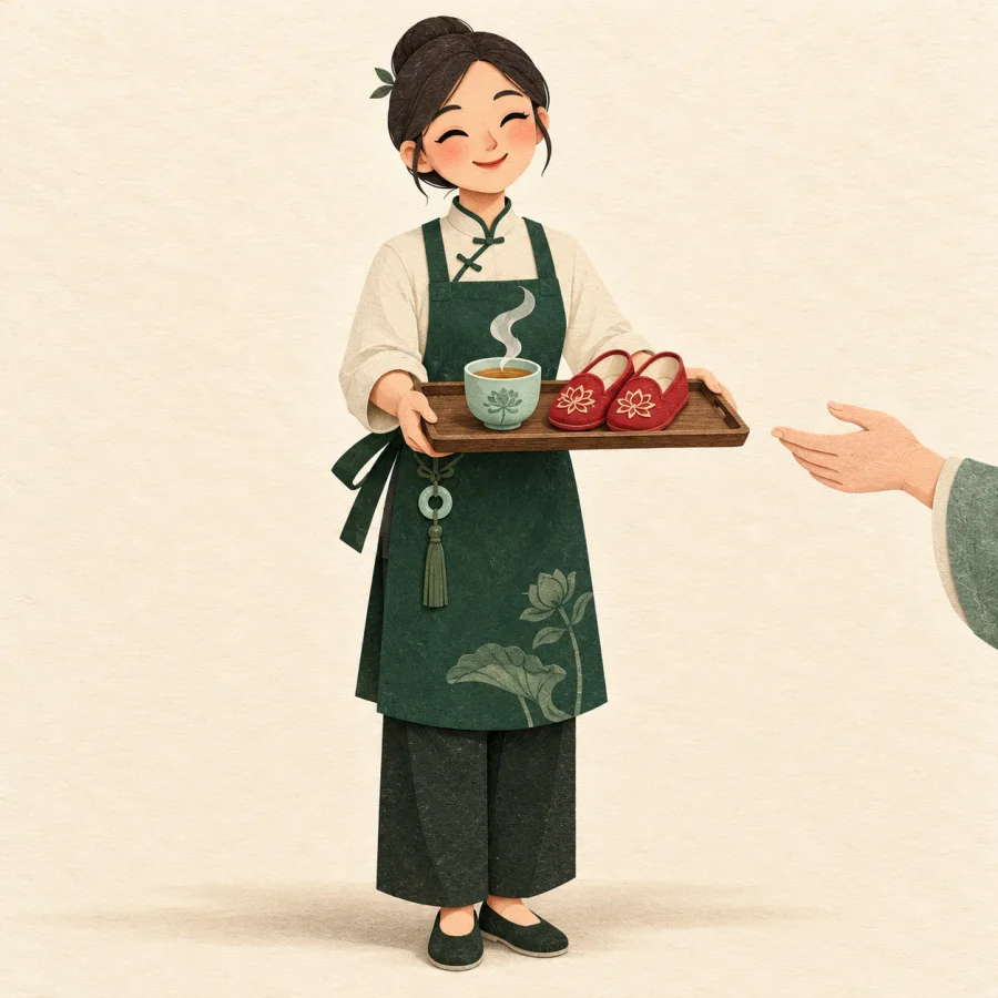 A server brings a guest tea and slippers