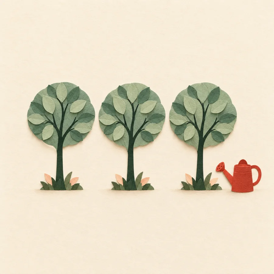 Three identical young trees in a row with a small watering can