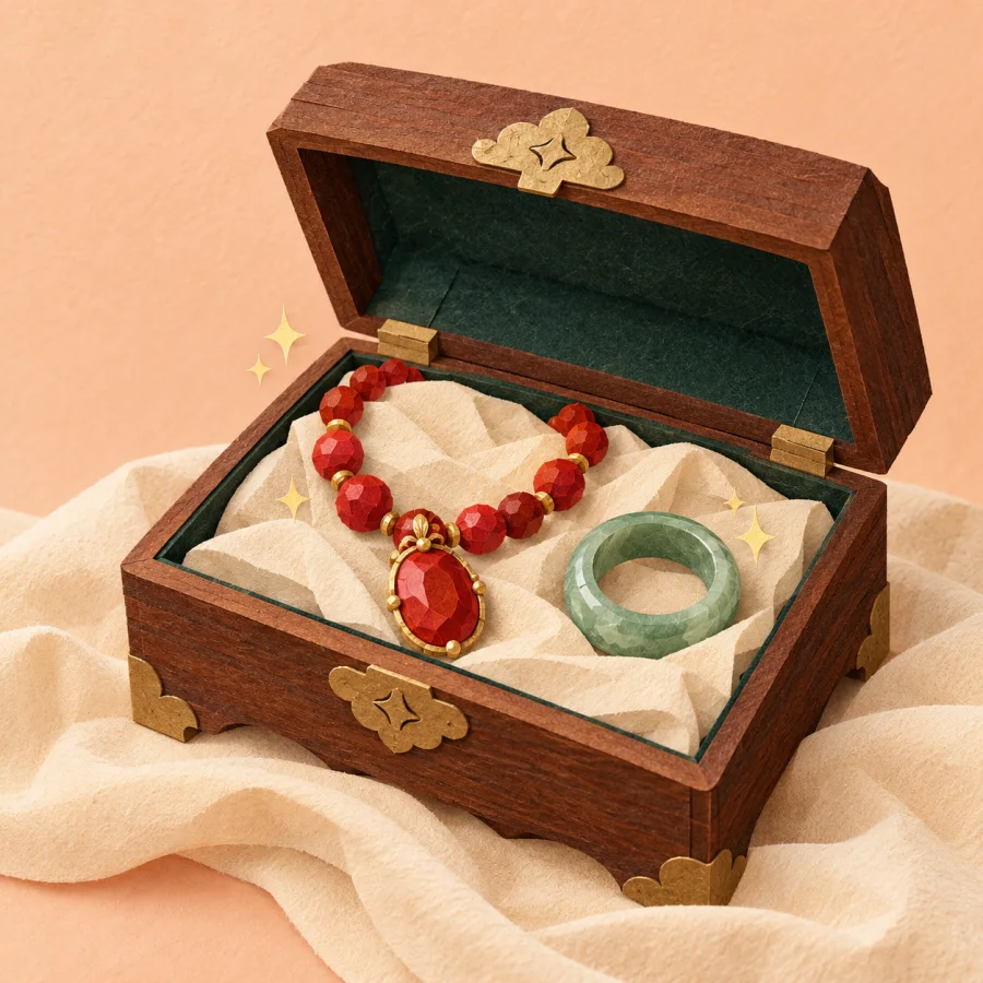 An open box with a necklace and a ring on cloth