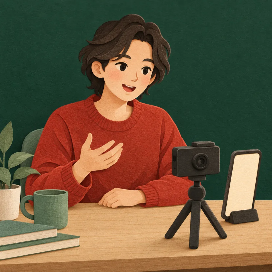 A person in a red sweater talking to a camera on a tripod
