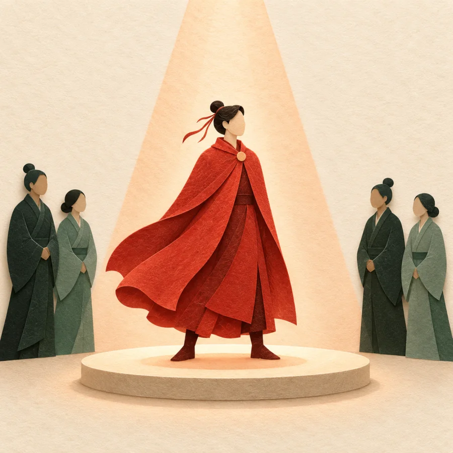 A figure in a red cloak in a spotlight on a stage