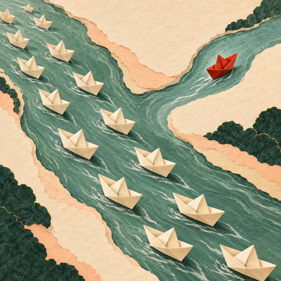 Many paper boats float down a river, one red boat drifts aside