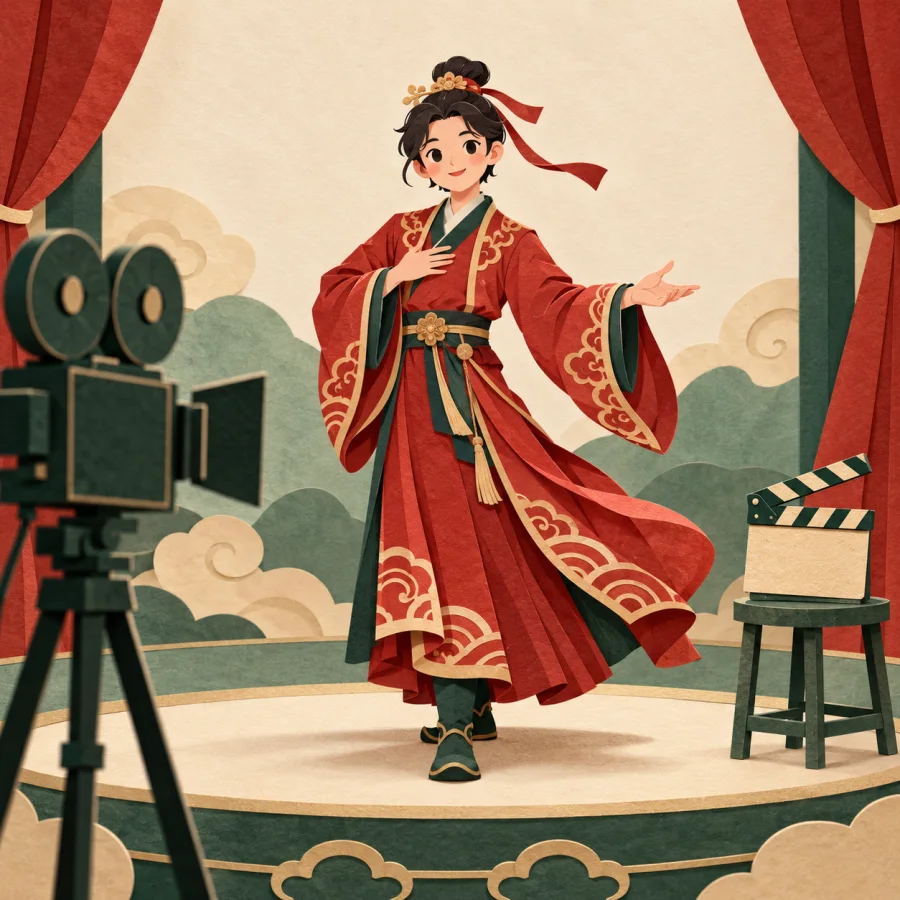 A person in a red costume on a stage in front of a movie camera