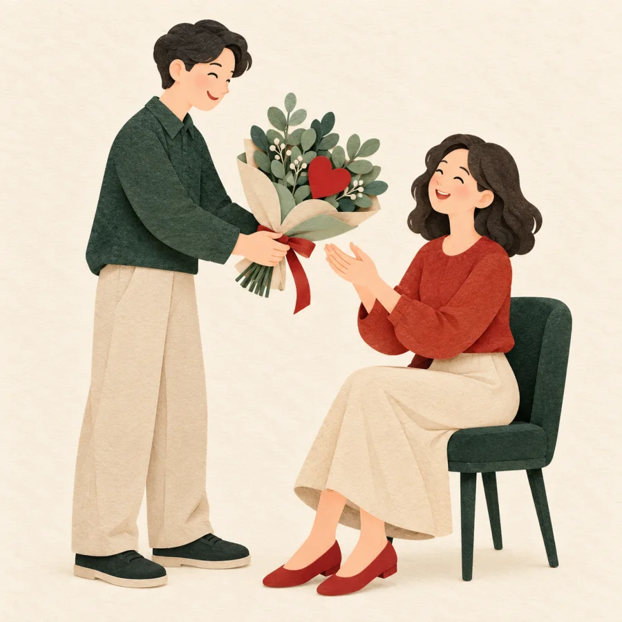 A smiling person holds out a bouquet and a heart card to a friend