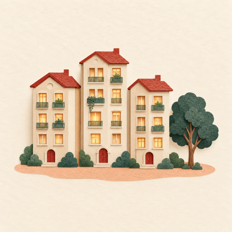Three apartment buildings with lit windows and a tree