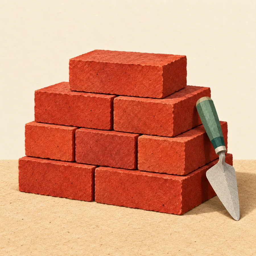 A neat stack of red bricks with a small trowel