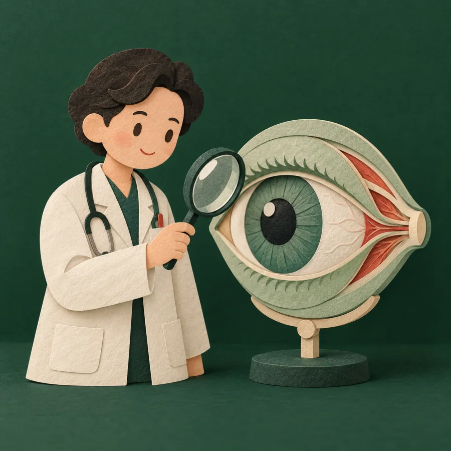 A doctor with a magnifying glass examines a large green eye on a stand