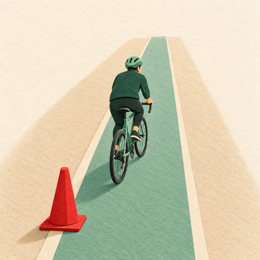 A cyclist rides along a separate green lane beside a red cone