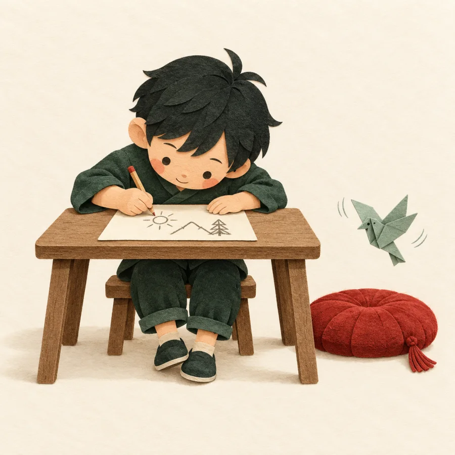 A child draws at a desk, ignoring a paper bird nearby